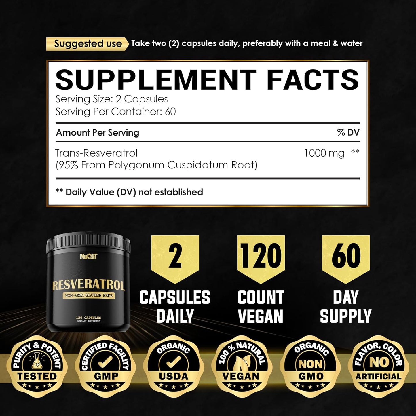 NUQIIT Trans Resveratrol 1000mg Supplement - Boost Immune System, Energy & Heart Health - 120 Vegan Capsules