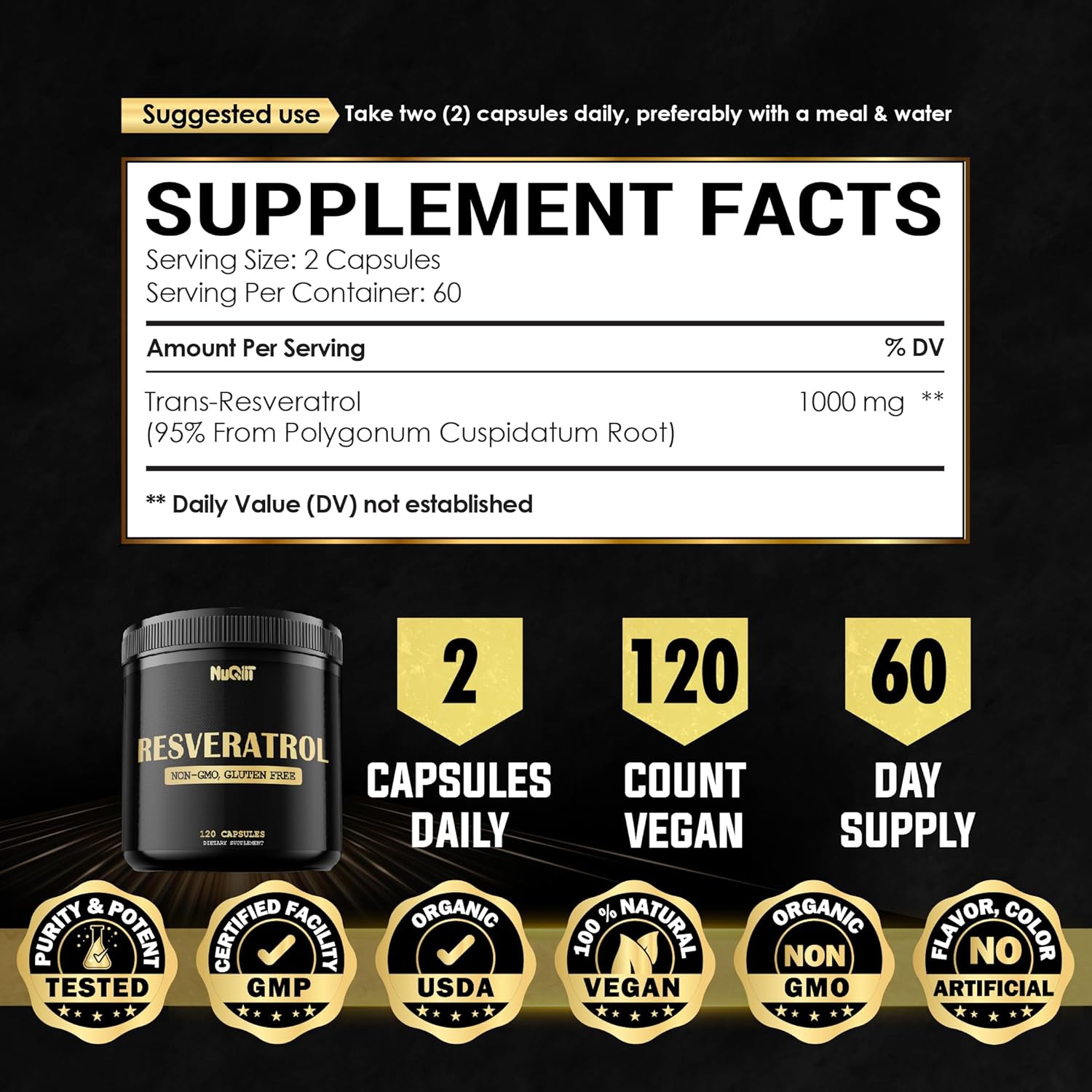 NUQIIT Trans Resveratrol 1000mg Supplement - Boost Immune System, Energy & Heart Health - 120 Vegan Capsules
