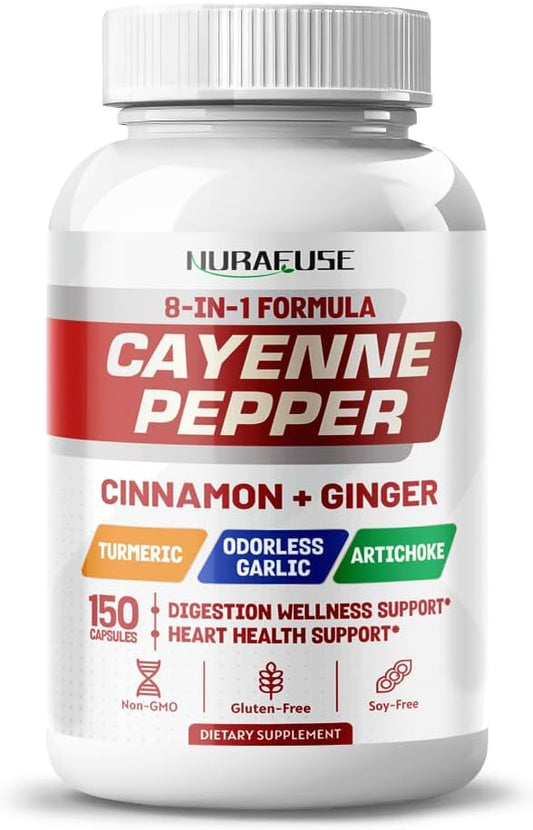 NURAFUSE 8-in-1 Cayenne Pepper Formula with Cinnamon, Turmeric, Garlic, and Artichoke - Non-GMO, Gluten-Free, Soy-Free