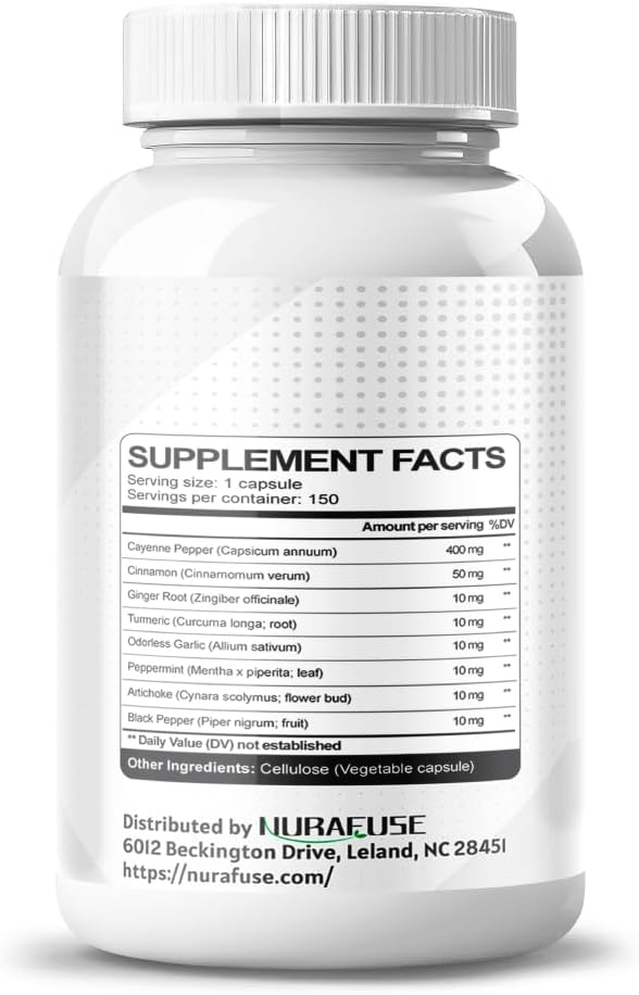 NURAFUSE 8-in-1 Cayenne Pepper Formula with Cinnamon, Turmeric, Garlic, and Artichoke - Non-GMO, Gluten-Free, Soy-Free