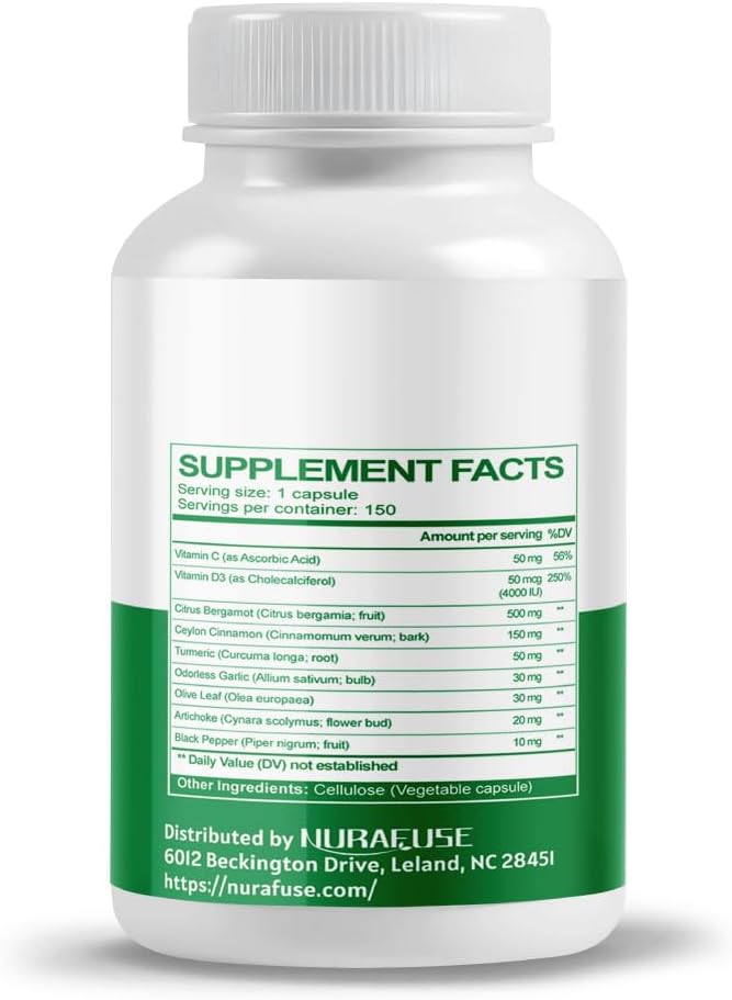 NURAFUSE Citrus Bergamot 9-in-1 Formula with Cinnamon Turmeric Odorless Garlic, Olive Leaf, Artichoke - USA Made & Tested