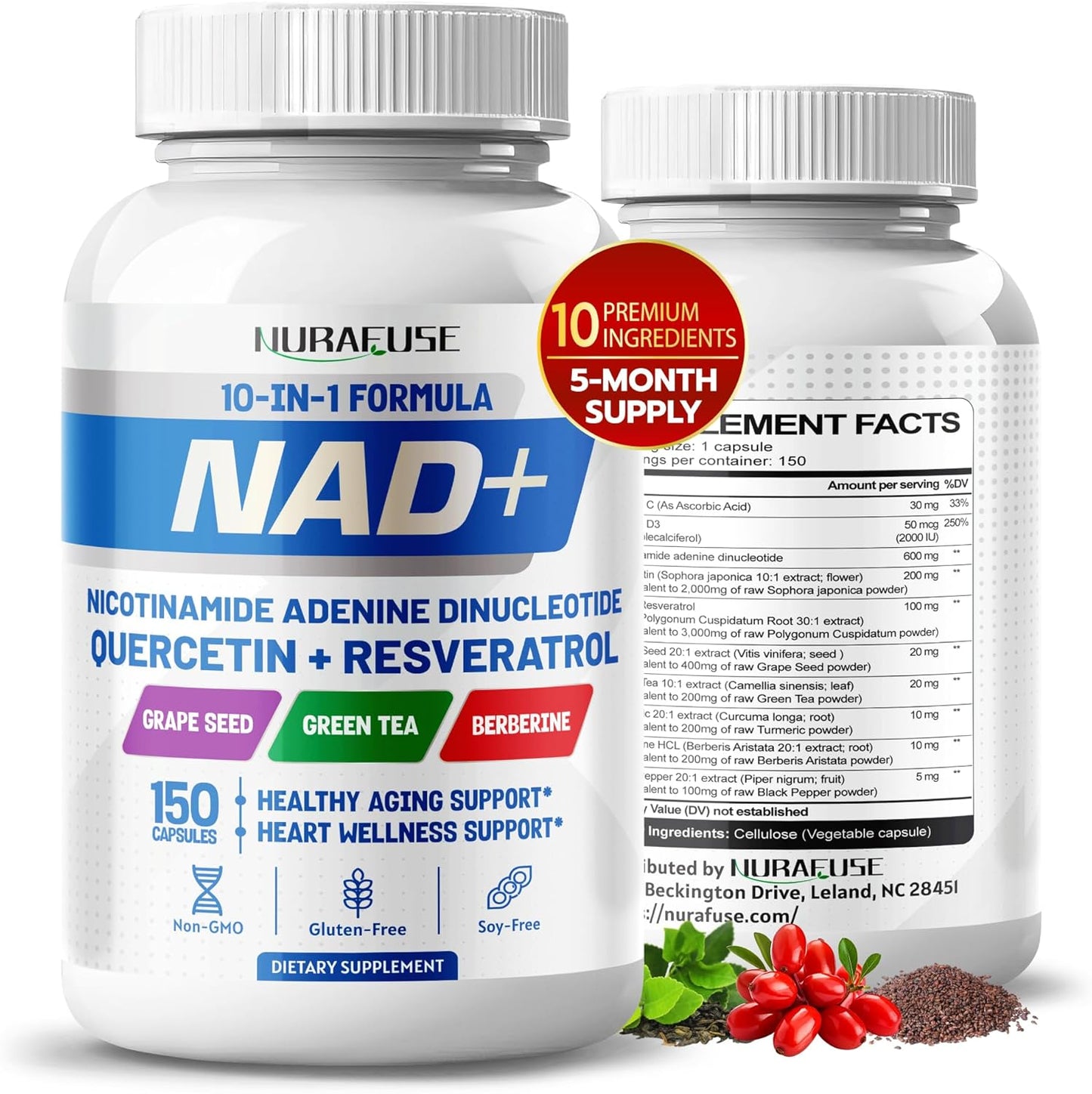 NURAFUSE NAD+ 10-in-1 Formula with NR, Quercetin, Resveratrol, Grape Seed, Berberine - USA-Made, Non-GMO, Gluten-Free, Soy-Free