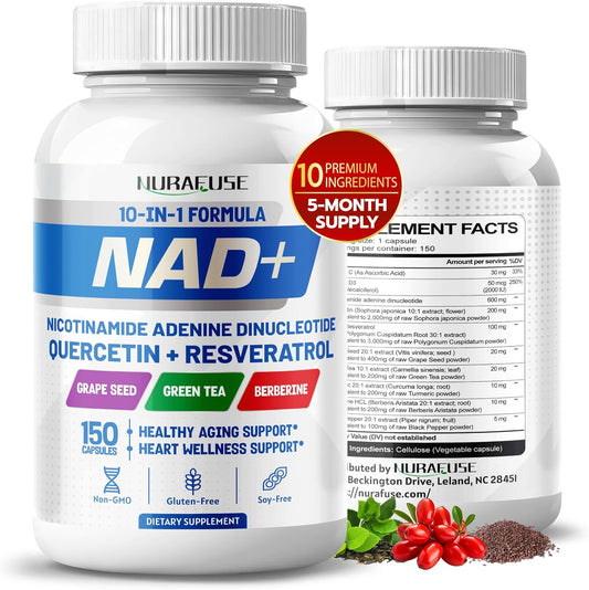 NURAFUSE NAD+ 10-in-1 Formula with NR, Quercetin, Resveratrol, Grape Seed, Berberine - USA-Made, Non-GMO, Gluten-Free, Soy-Free