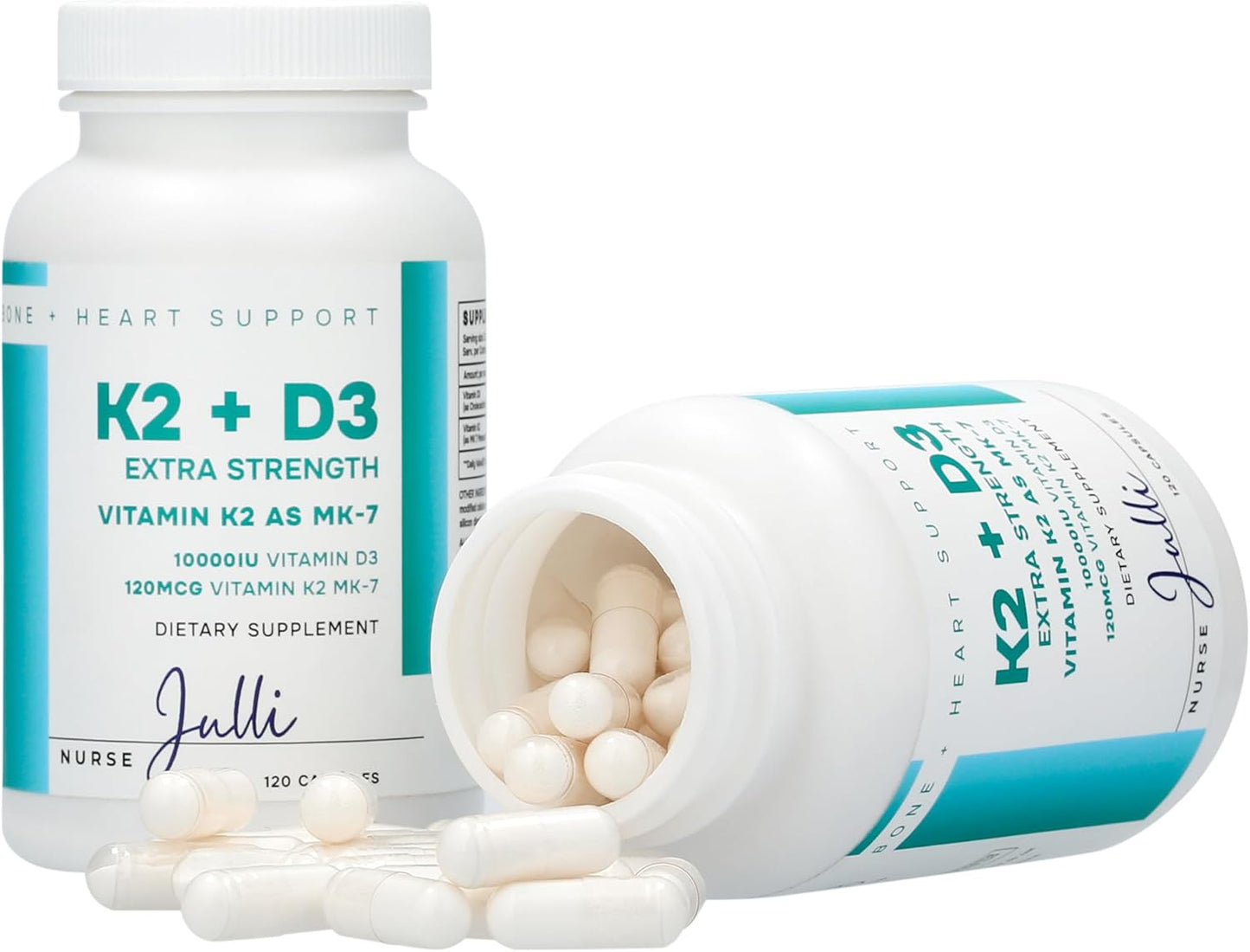 Nurse Julli Vitamin K2 + D3 Extra Strength Supplement - 120 Capsules with MK-7 for Bone and Heart Health Support - Boosts Calcium Absorption and Immune Function - Essential Nutrients