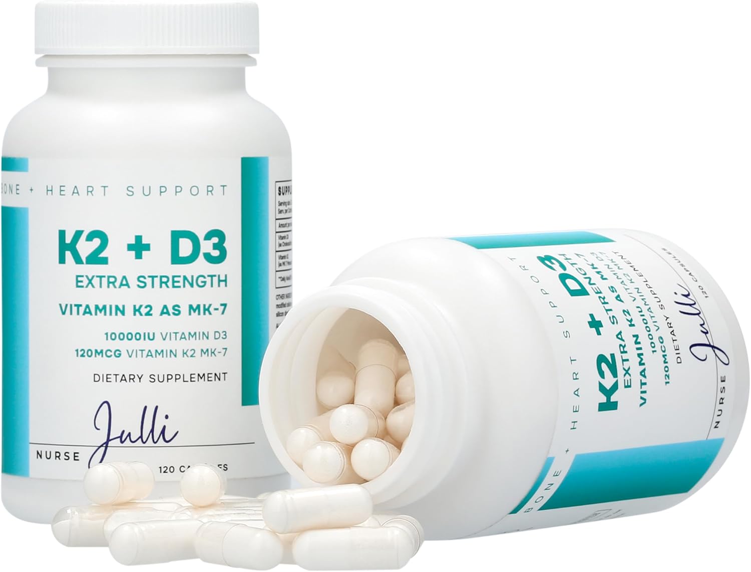 Nurse Julli Vitamin K2 + D3 Extra Strength Supplement - 120 Capsules with MK-7 for Bone and Heart Health Support - Boosts Calcium Absorption and Immune Function - Essential Nutrients