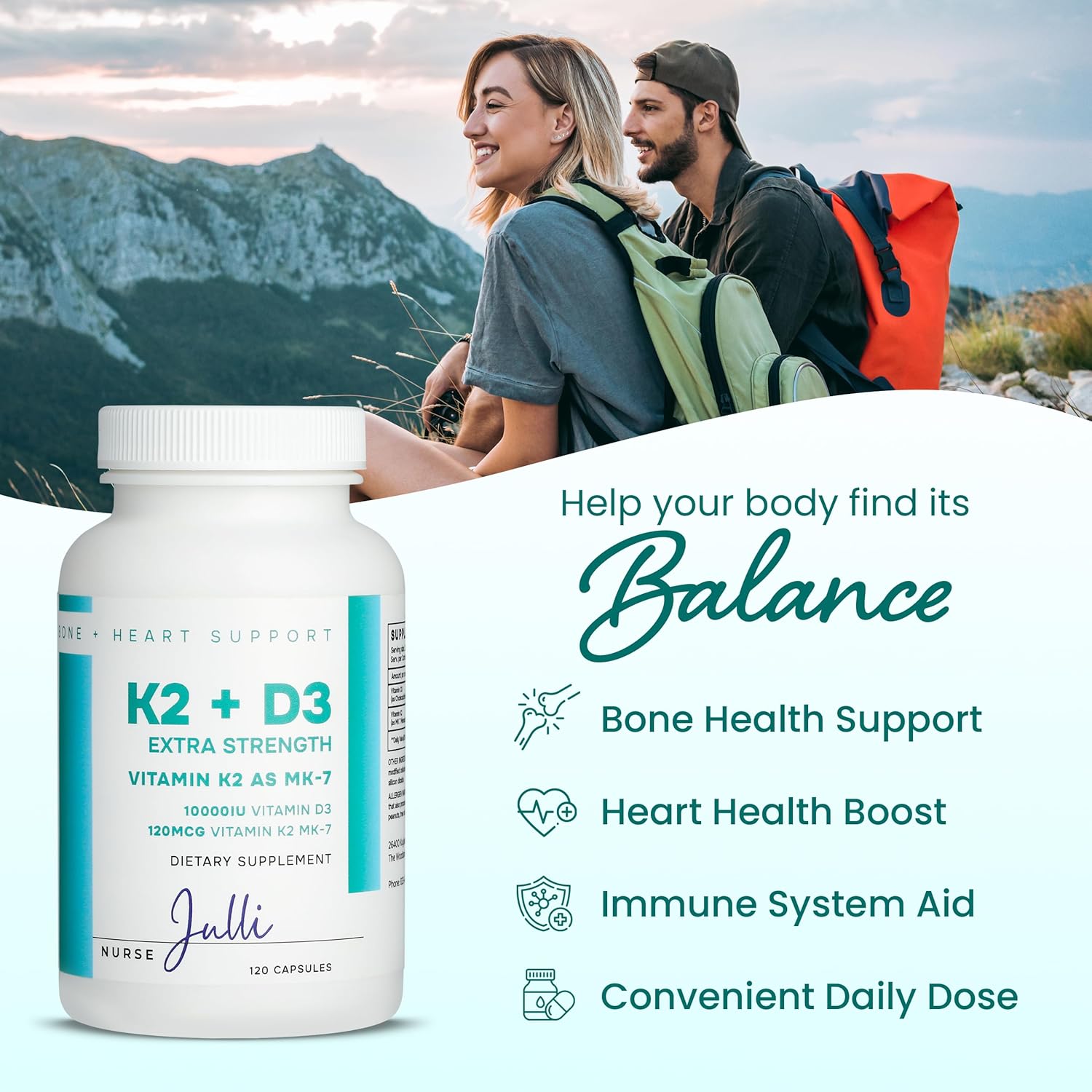 Nurse Julli Vitamin K2 + D3 Extra Strength Supplement - 120 Capsules with MK-7 for Bone and Heart Health Support - Boosts Calcium Absorption and Immune Function - Essential Nutrients