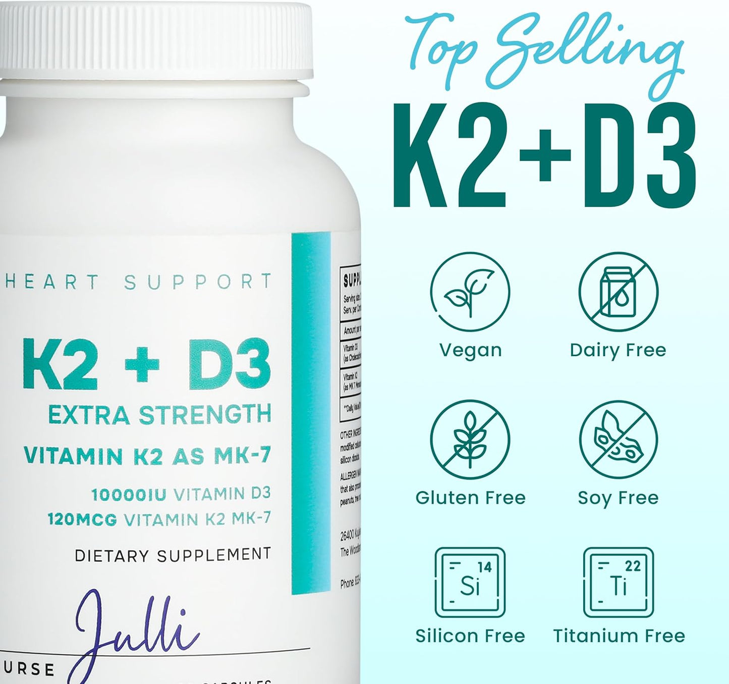 Nurse Julli Vitamin K2 + D3 Extra Strength Supplement - 120 Capsules with MK-7 for Bone and Heart Health Support - Boosts Calcium Absorption and Immune Function - Essential Nutrients