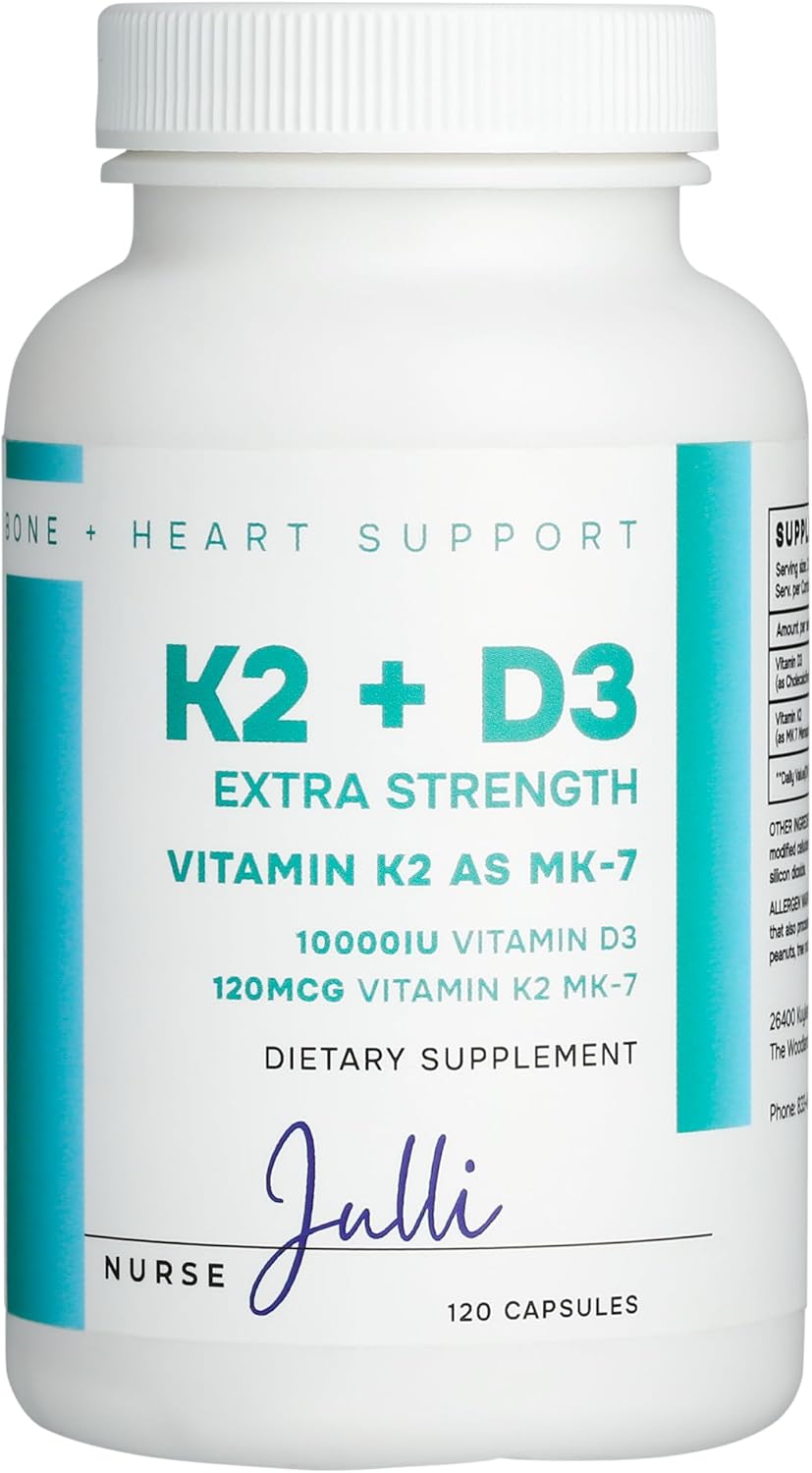 Nurse Julli Vitamin K2 + D3 Extra Strength Supplement - 120 Capsules with MK-7 for Bone and Heart Health Support - Boosts Calcium Absorption and Immune Function - Essential Nutrients