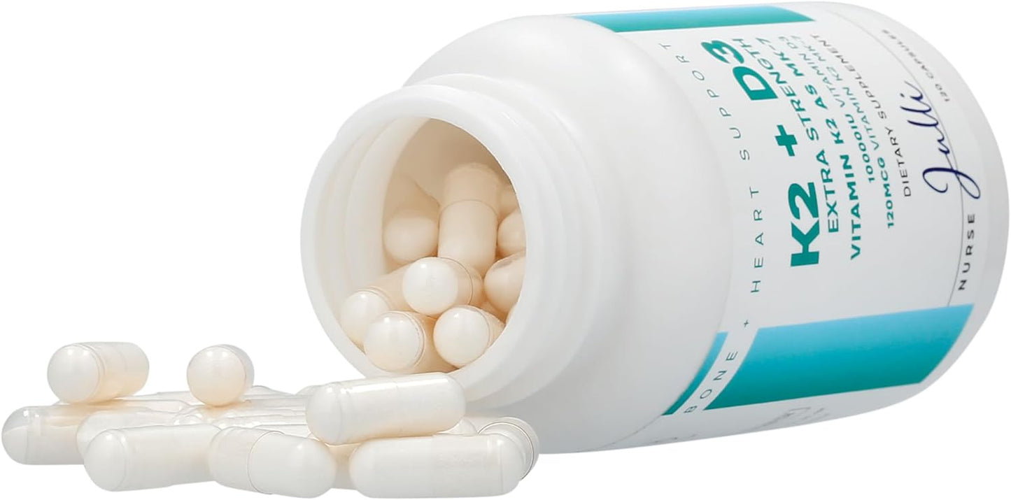 Nurse Julli Vitamin K2 + D3 Extra Strength Supplement - 120 Capsules with MK-7 for Bone and Heart Health Support - Boosts Calcium Absorption and Immune Function - Essential Nutrients