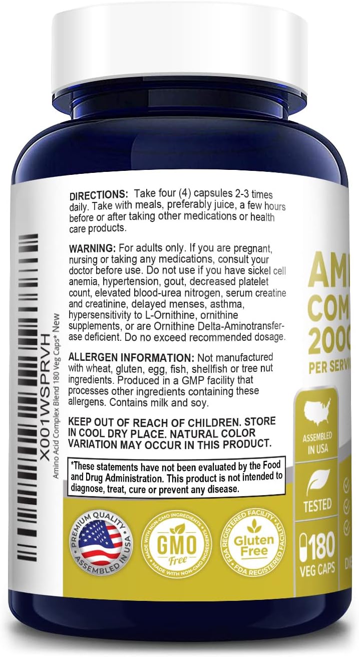 NusaPure Amino Acid Complex Blend 2000 mg-180 Capsules - Non-GMO and Gluten-Free Formula