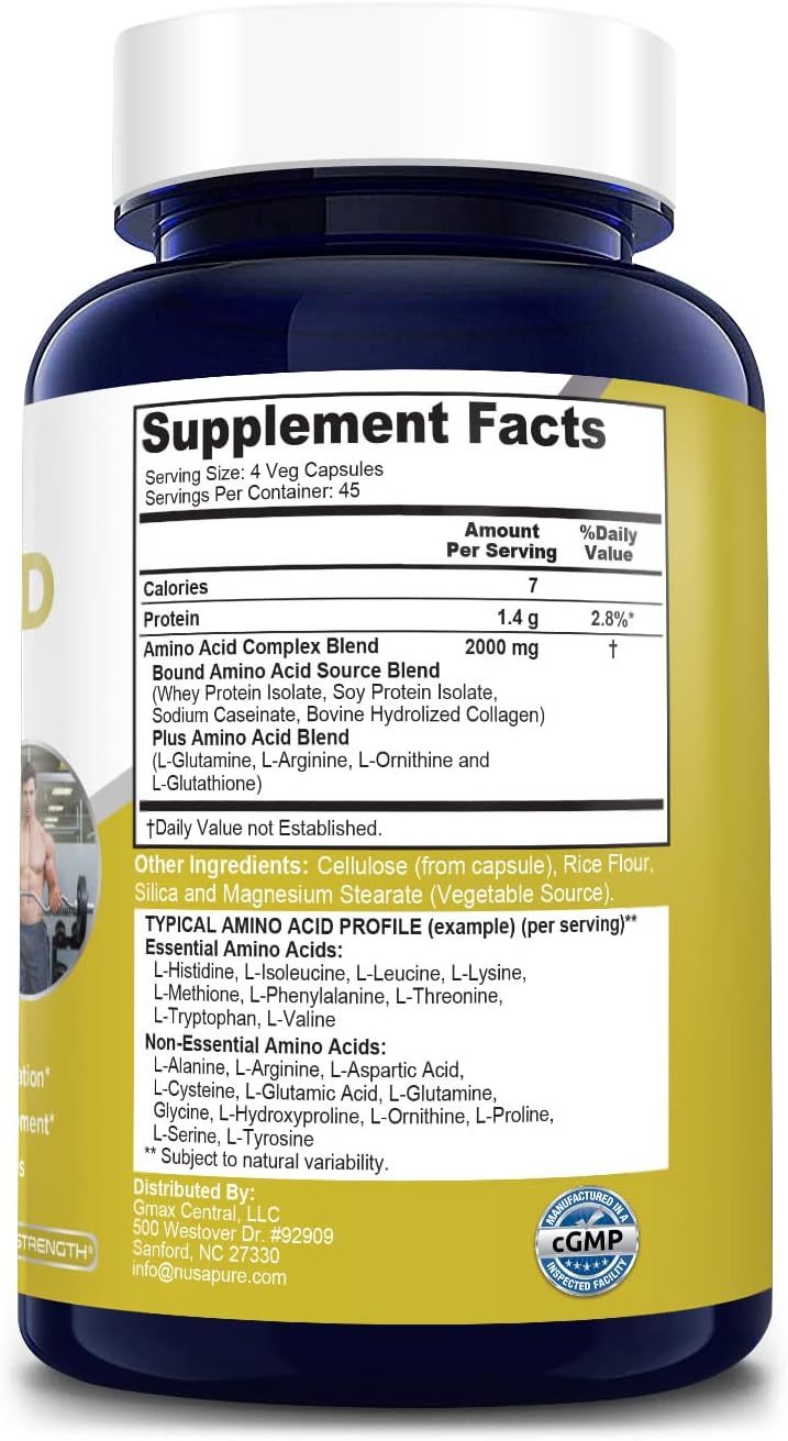 NusaPure Amino Acid Complex Blend 2000 mg-180 Capsules - Non-GMO and Gluten-Free Formula