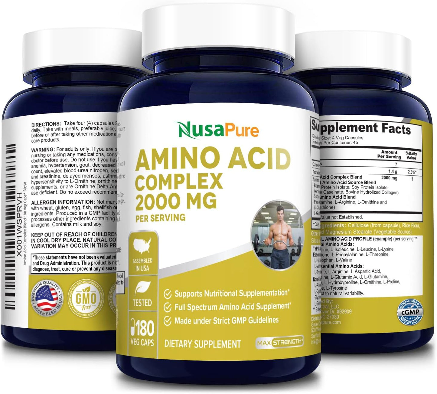 NusaPure Amino Acid Complex Blend 2000 mg-180 Capsules - Non-GMO and Gluten-Free Formula