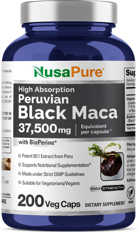 NusaPure Black Maca Root Capsules - 37,500mg - 200 Veggie Caps (Vegan, Non-GMO)