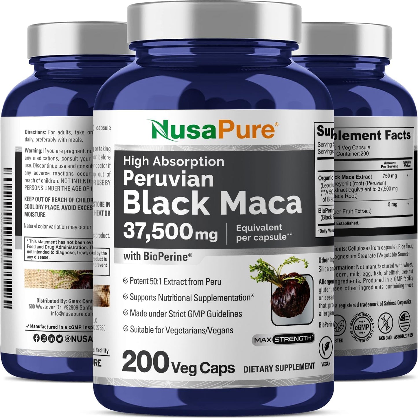 NusaPure Black Maca Root Capsules - 37,500mg - 200 Veggie Caps (Vegan, Non-GMO)