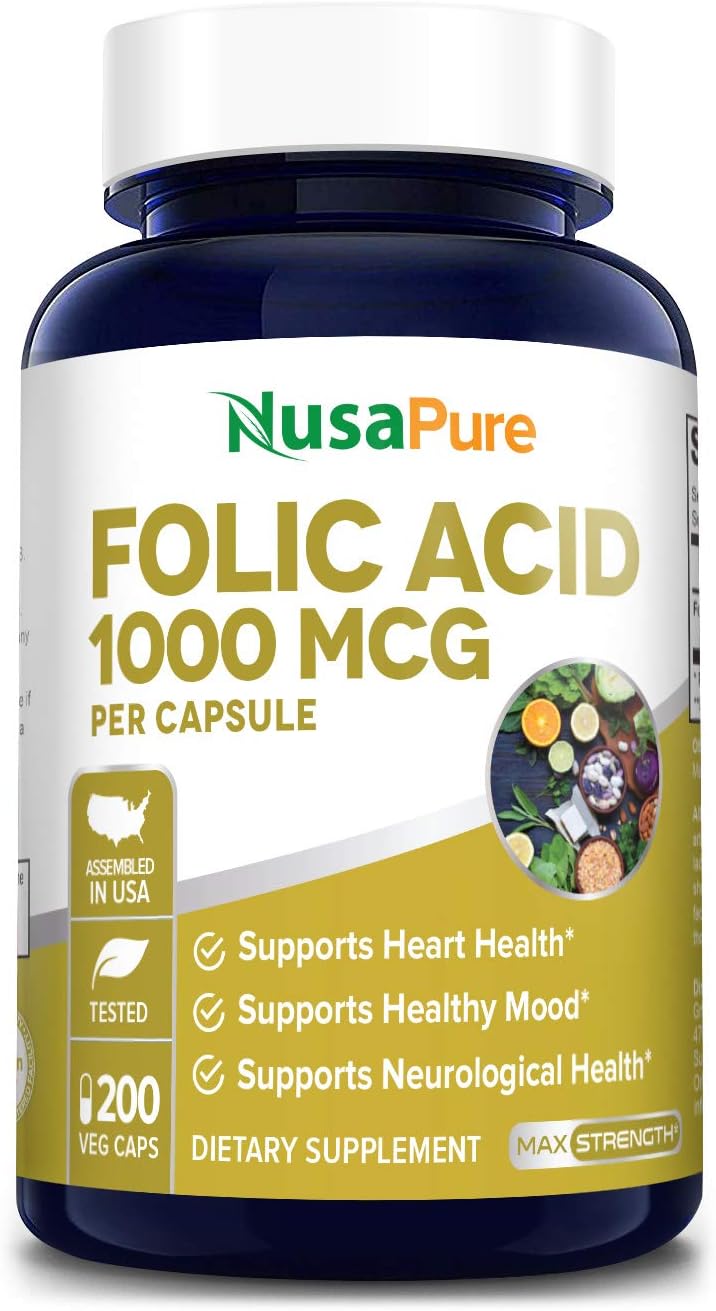 NusaPure Folic Acid 1000mcg: 200 Vegetarian Capsules, Non-GMO, Gluten-Free