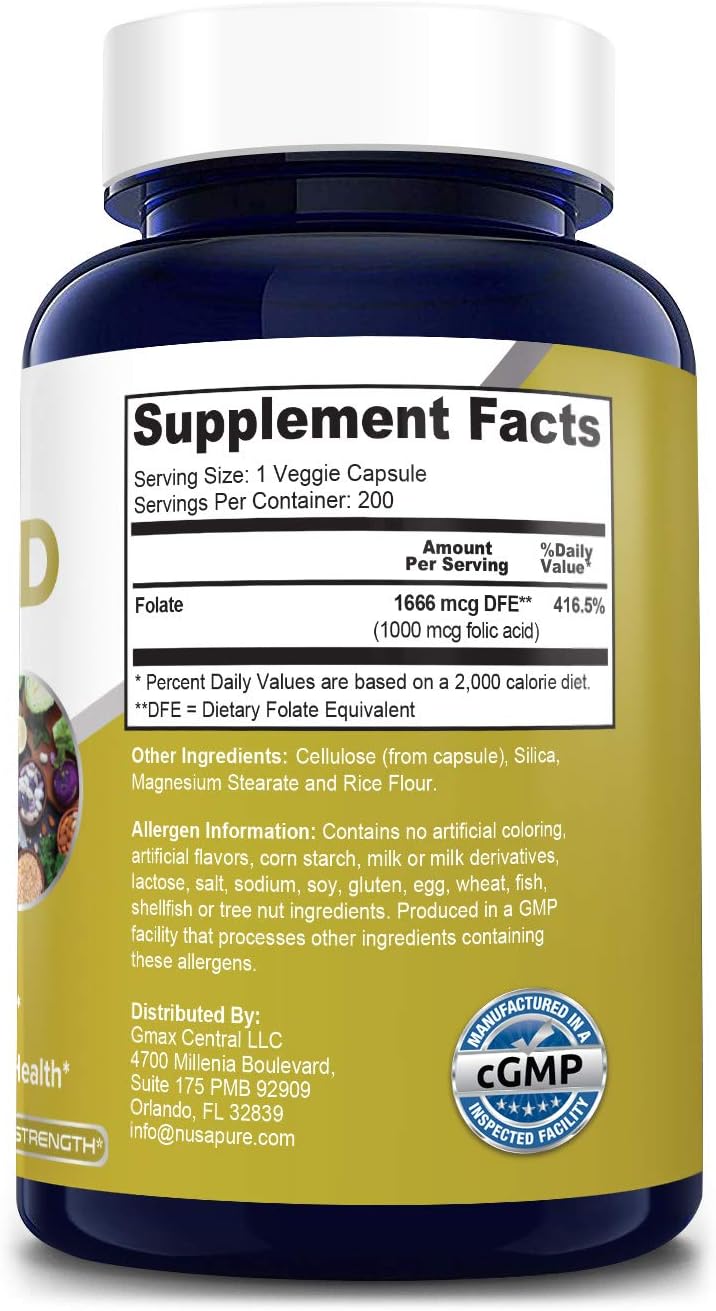 NusaPure Folic Acid 1000mcg: 200 Vegetarian Capsules, Non-GMO, Gluten-Free