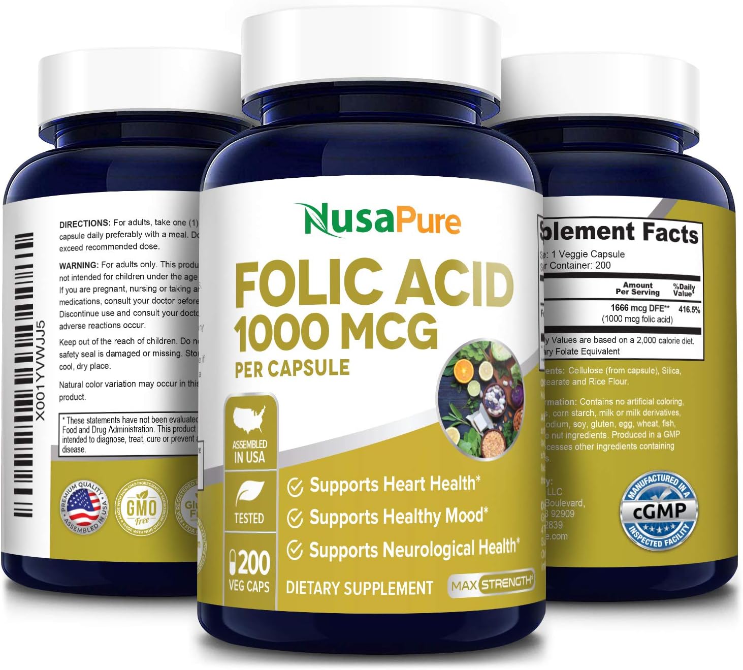 NusaPure Folic Acid 1000mcg: 200 Vegetarian Capsules, Non-GMO, Gluten-Free