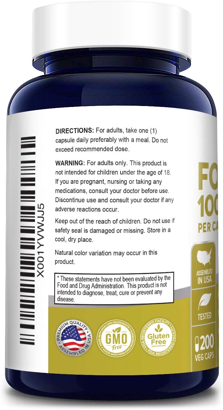 NusaPure Folic Acid 1000mcg: 200 Vegetarian Capsules, Non-GMO, Gluten-Free
