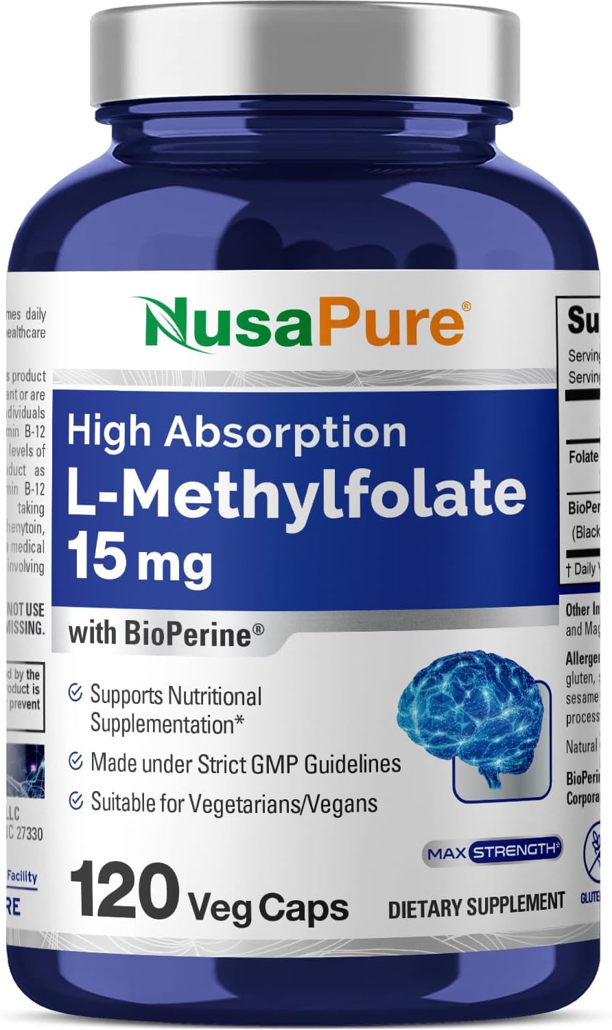 NusaPure L Methylfolate 15mg Supplement with Bioperine - 120 Vegetarian Capsules