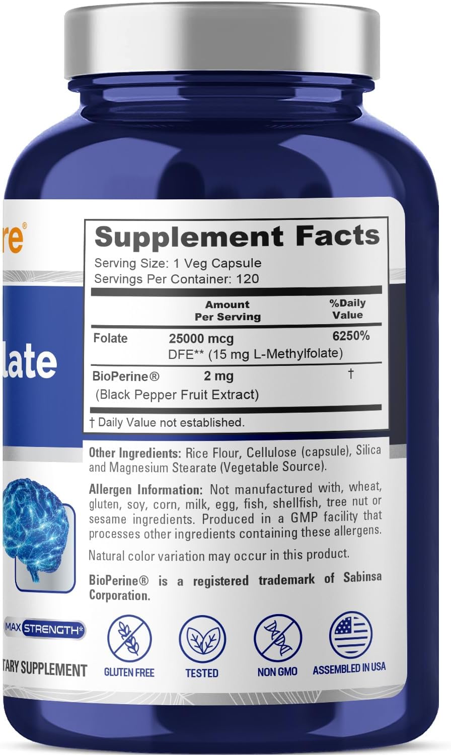 NusaPure L Methylfolate 15mg Supplement with Bioperine - 120 Vegetarian Capsules