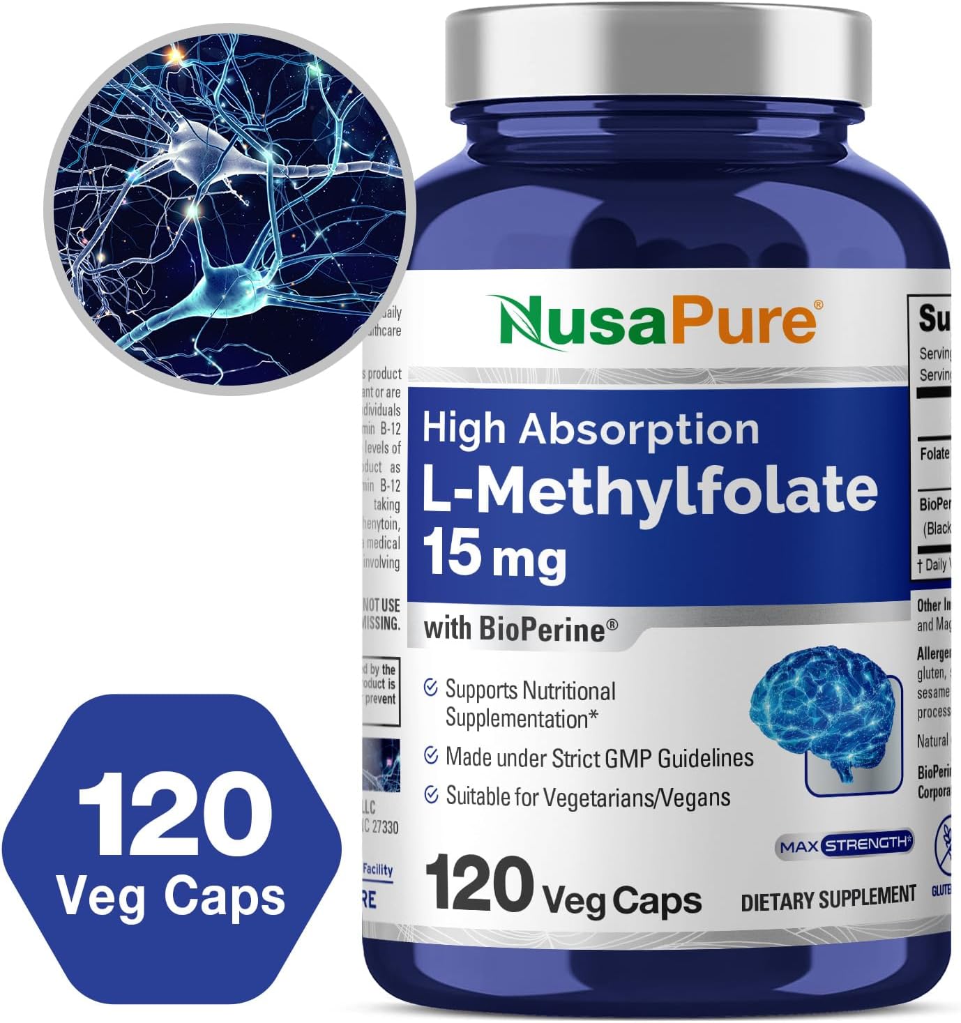 NusaPure L Methylfolate 15mg Supplement with Bioperine - 120 Vegetarian Capsules