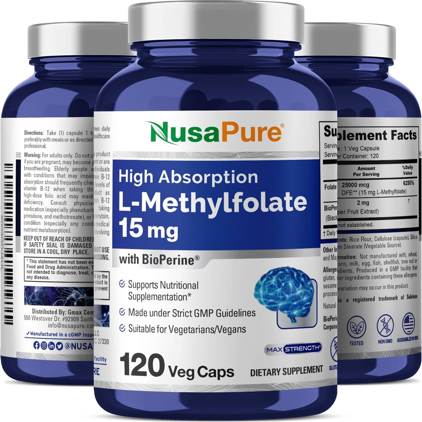NusaPure L Methylfolate 15mg Supplement with Bioperine - 120 Vegetarian Capsules