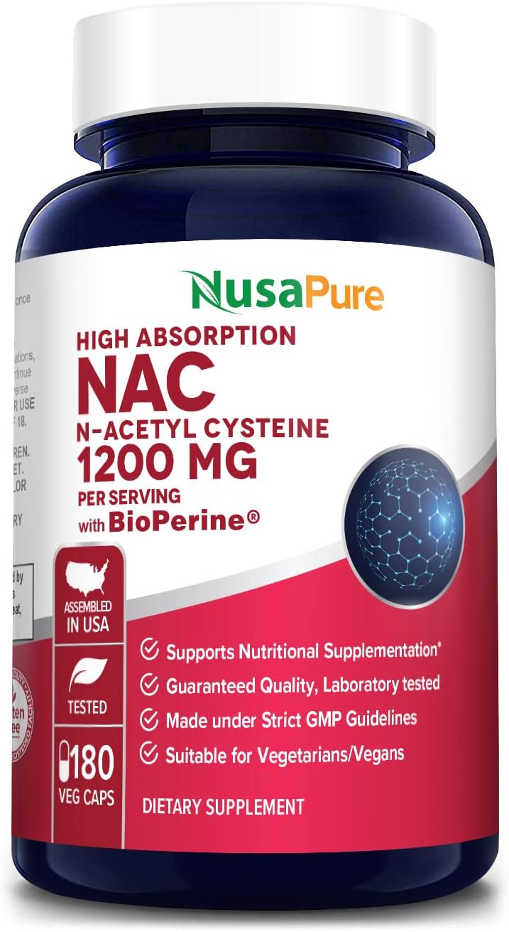 NusaPure N-Acetyl Cysteine (NAC) 1200mg 180 Veggie Capsules with Bioperine - Vegetarian, Non-GMO, Gluten-Free Formula