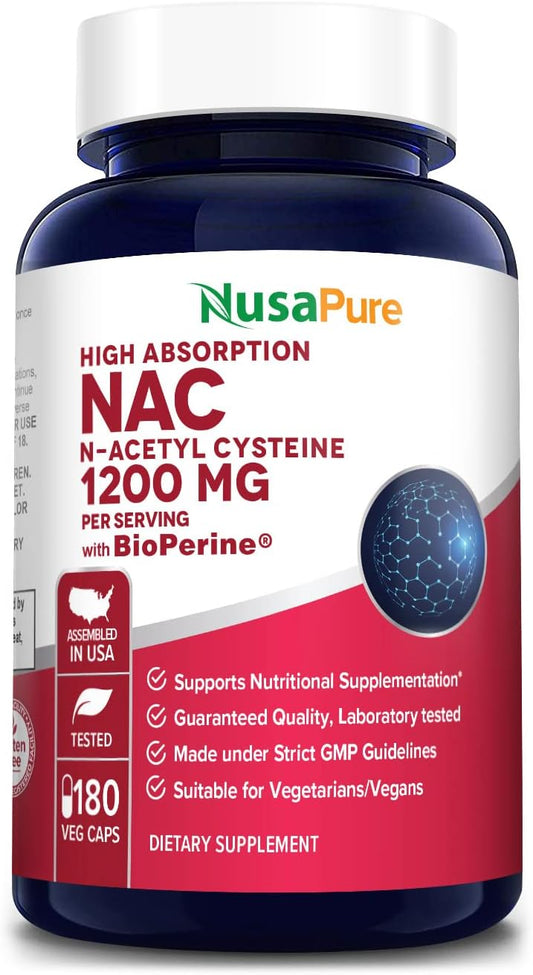 NusaPure N-Acetyl Cysteine (NAC) 1200mg 180 Veggie Capsules with Bioperine - Vegetarian, Non-GMO, Gluten-Free Formula