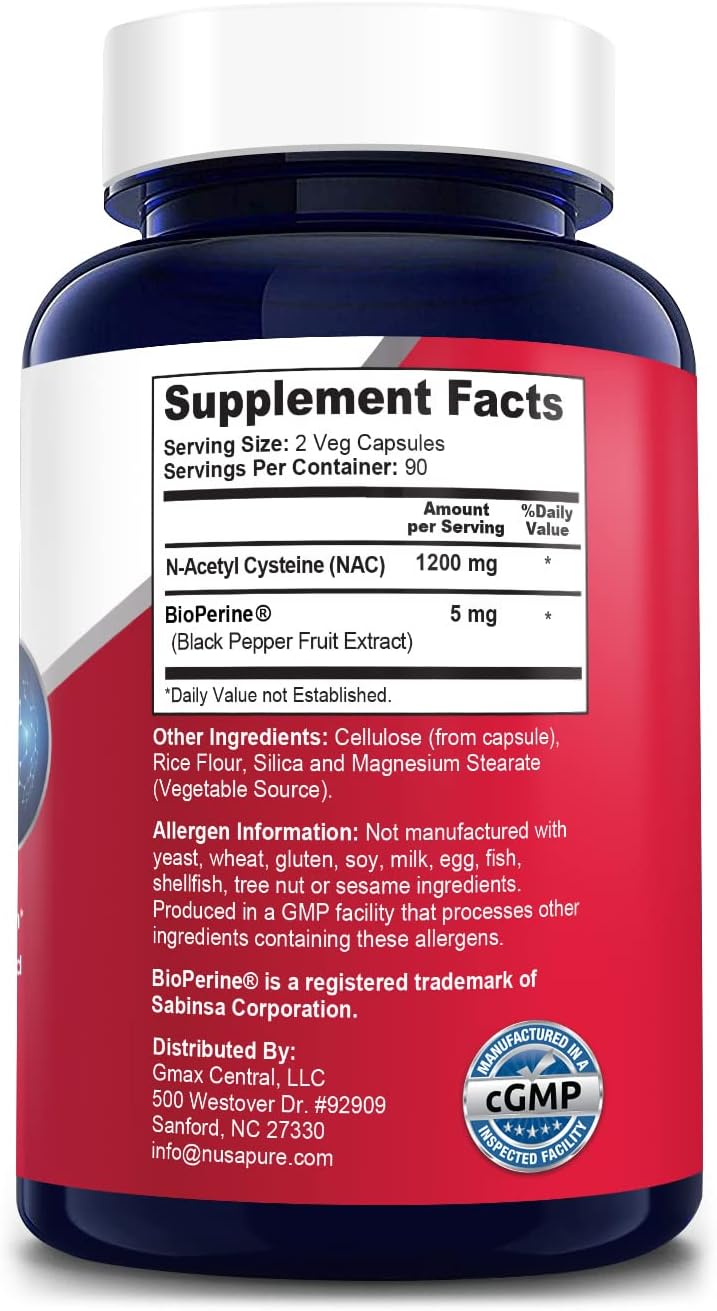 NusaPure N-Acetyl Cysteine (NAC) 1200mg 180 Veggie Capsules with Bioperine - Vegetarian, Non-GMO, Gluten-Free Formula
