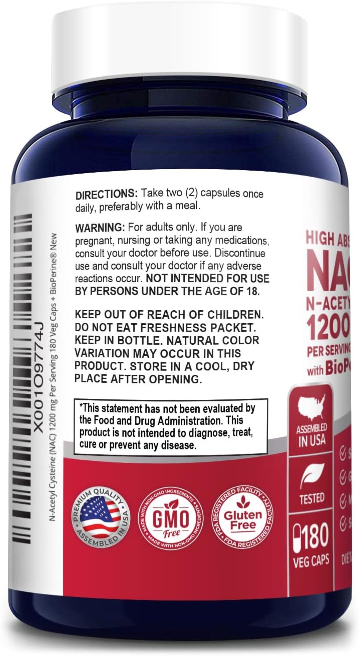 NusaPure N-Acetyl Cysteine (NAC) 1200mg 180 Veggie Capsules with Bioperine - Vegetarian, Non-GMO, Gluten-Free Formula