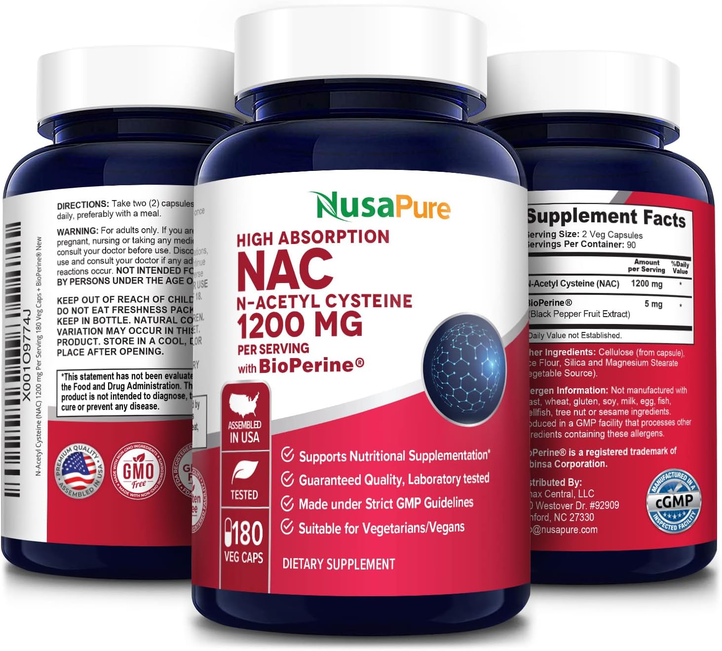 NusaPure N-Acetyl Cysteine (NAC) 1200mg 180 Veggie Capsules with Bioperine - Vegetarian, Non-GMO, Gluten-Free Formula