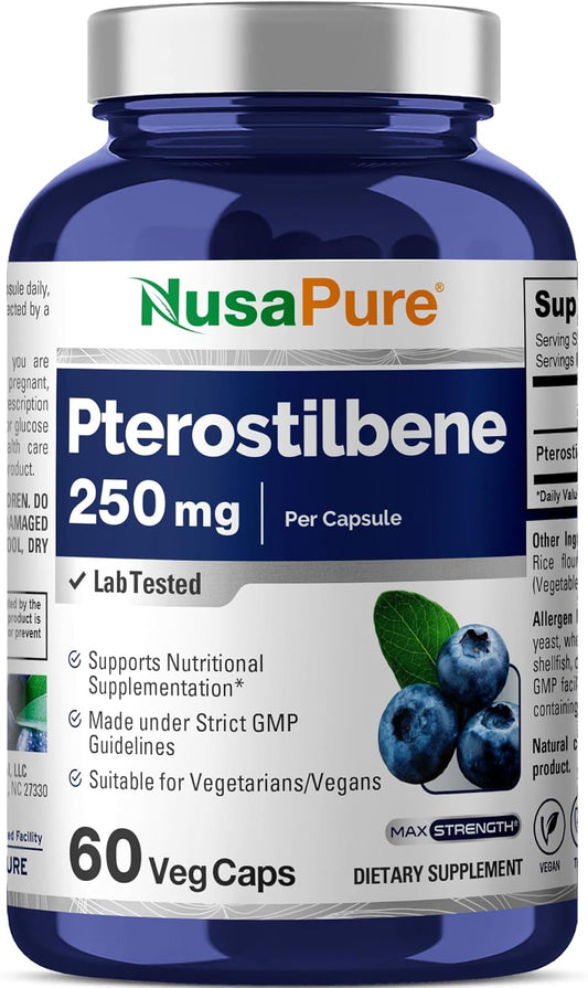NusaPure Pterostilbene Capsules - 250mg, 60 Count - Non-GMO, Vegan Formula