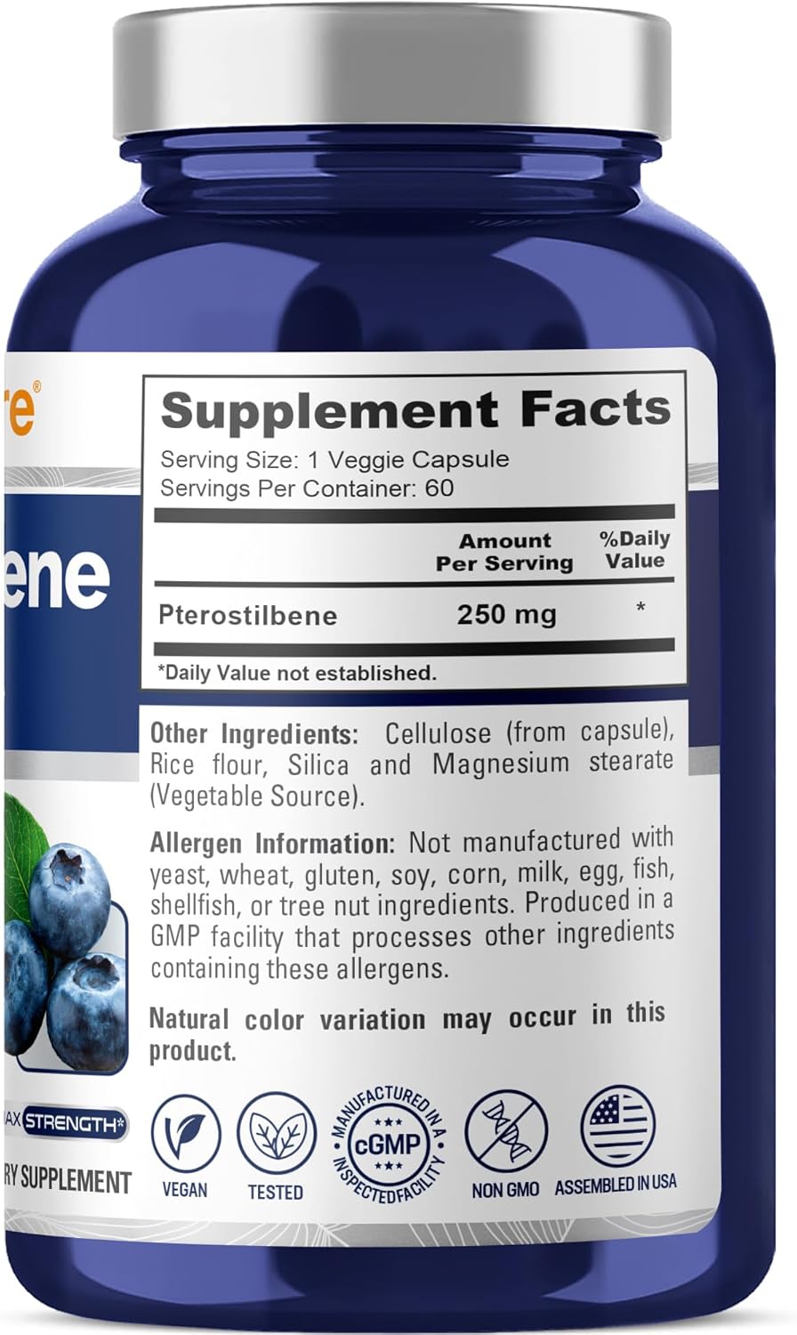 NusaPure Pterostilbene Capsules - 250mg, 60 Count - Non-GMO, Vegan Formula