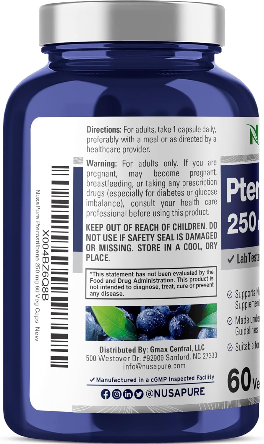 NusaPure Pterostilbene Capsules - 250mg, 60 Count - Non-GMO, Vegan Formula
