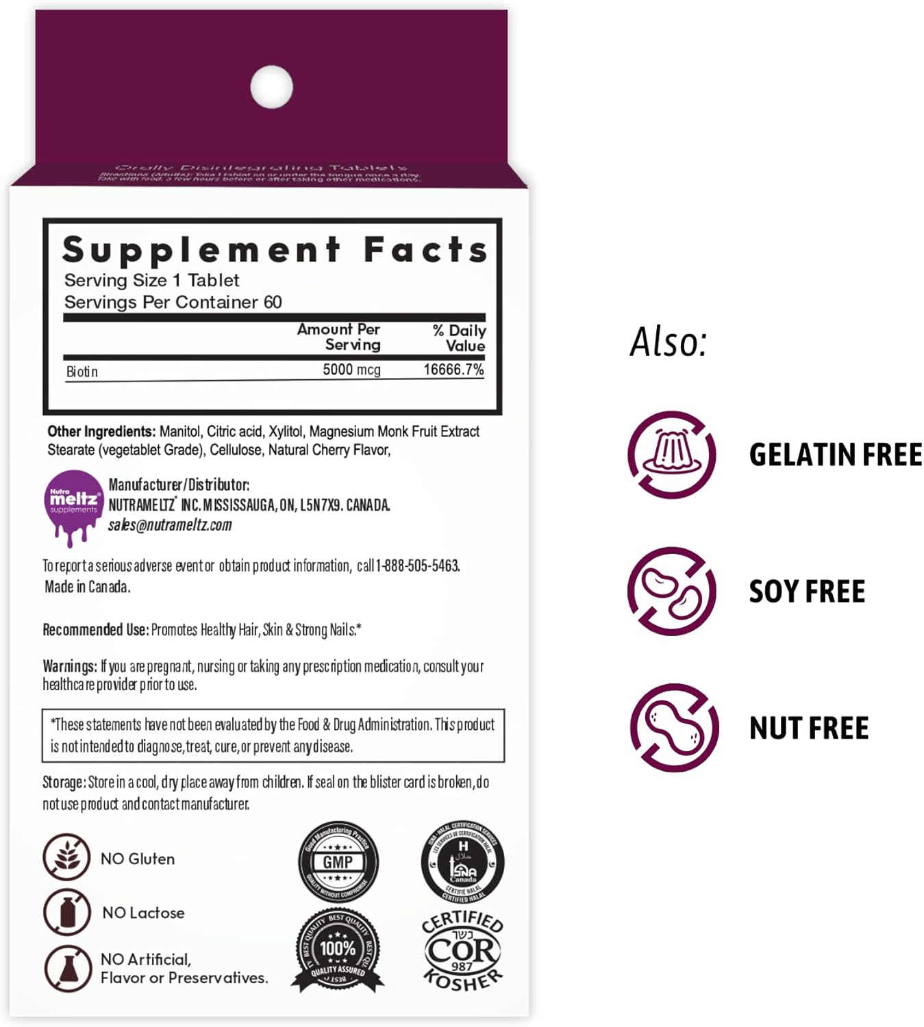 Nutra Meltz 5000 mcg Biotin Tablets for Hair Growth, Nails, Skin - Quick Dissolve Cherry Flavor - 60 Tablets - Support Biotin Deficiency