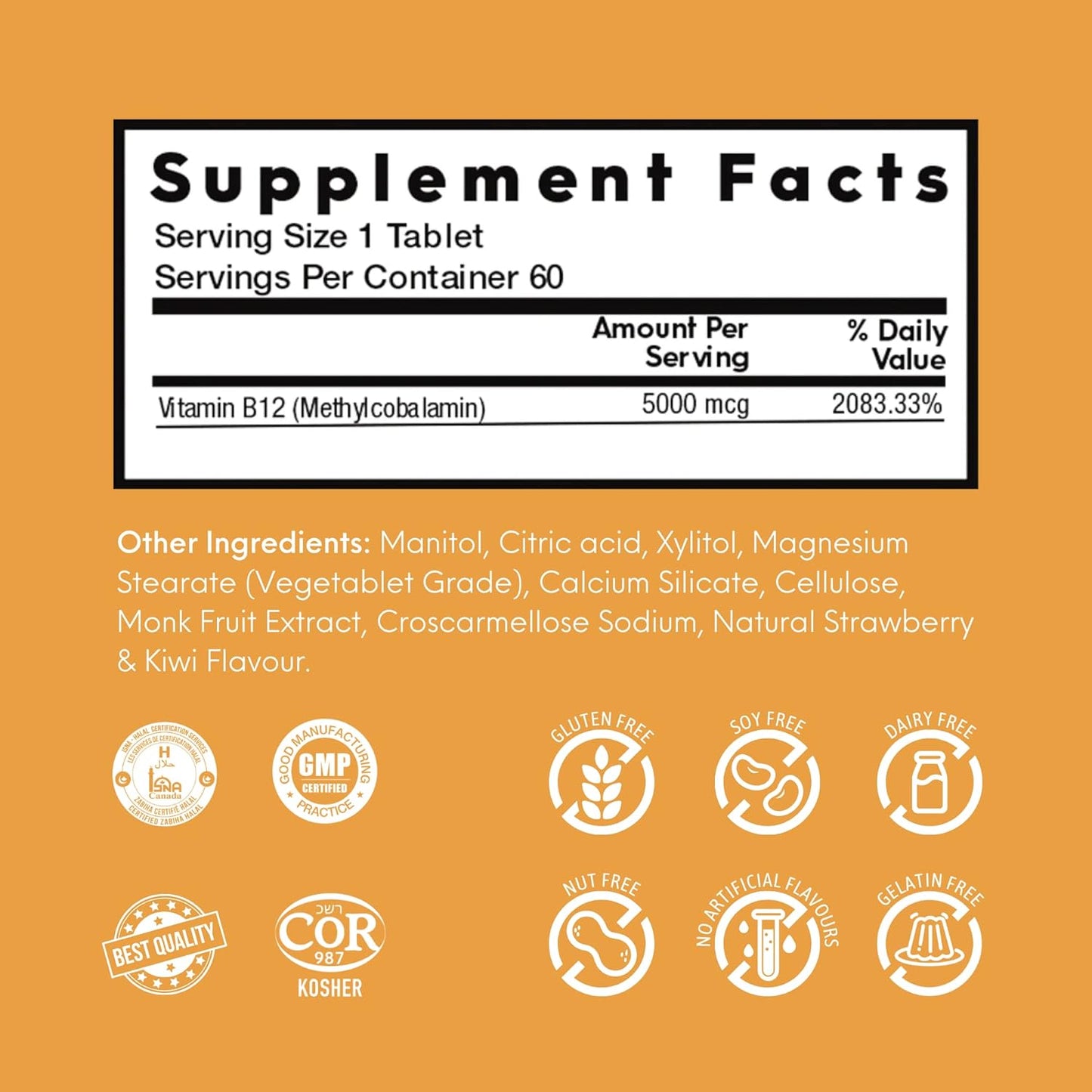 Nutra Meltz Vitamin B12 5000 mcg Tablets - Methylcobalamin for Energy & Cognition - Quick Dissolving Strawberry & Kiwi Flavor - 60 Tablets
