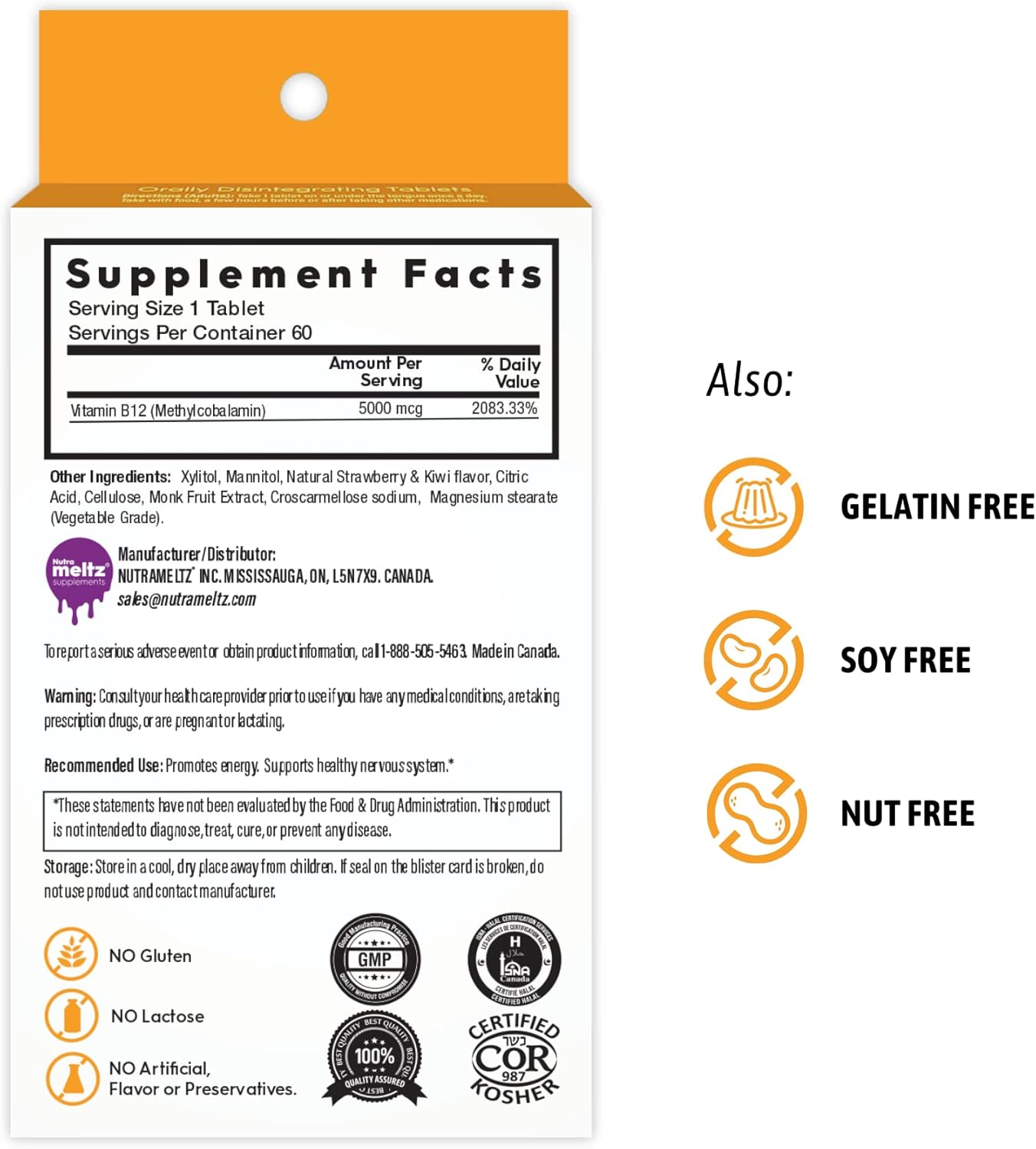Nutra Meltz Vitamin B12 5000 mcg Tablets - Methylcobalamin for Energy & Cognition - Quick Dissolving Strawberry & Kiwi Flavor - 60 Tablets