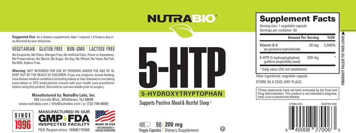 NutraBio 5-HTP 200mg Capsules - Promotes Healthy Sleep, Supports Restful Nights - 90 Vegetable Capsules