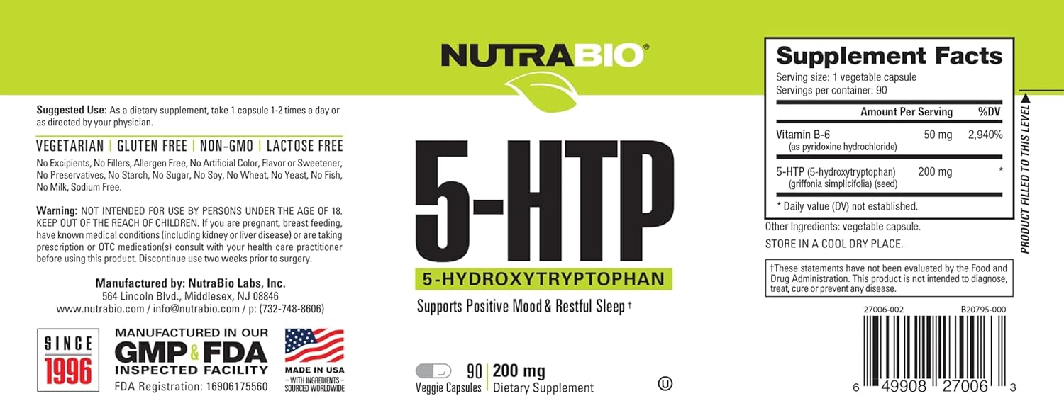 NutraBio 5-HTP 200mg Capsules - Promotes Healthy Sleep, Supports Restful Nights - 90 Vegetable Capsules