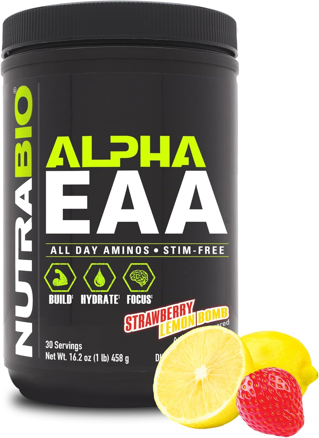 NutraBio Alpha EAA Amino Acid Supplement for Muscle Growth - Full Spectrum BCAA Powder - 30 Servings - Strawberry Lemon Flavor