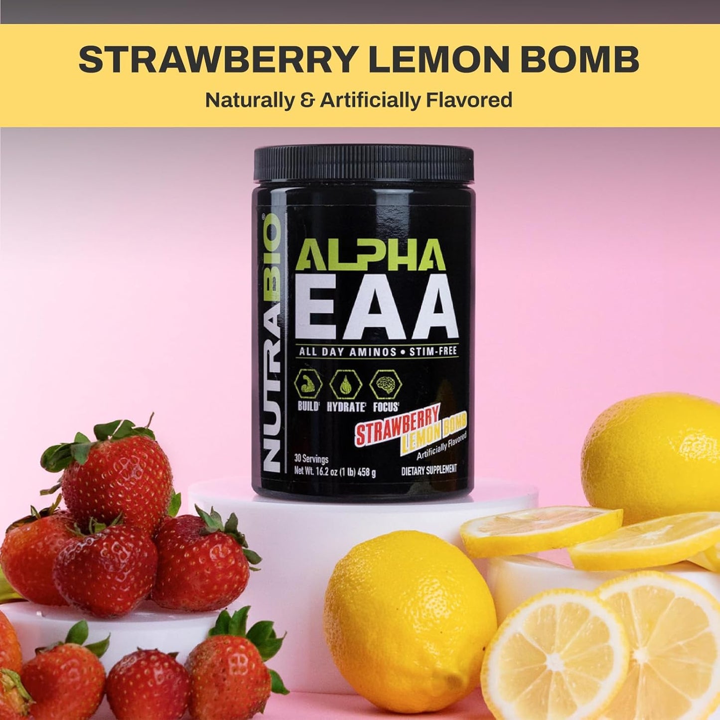 NutraBio Alpha EAA Amino Acid Supplement for Muscle Growth - Full Spectrum BCAA Powder - 30 Servings - Strawberry Lemon Flavor