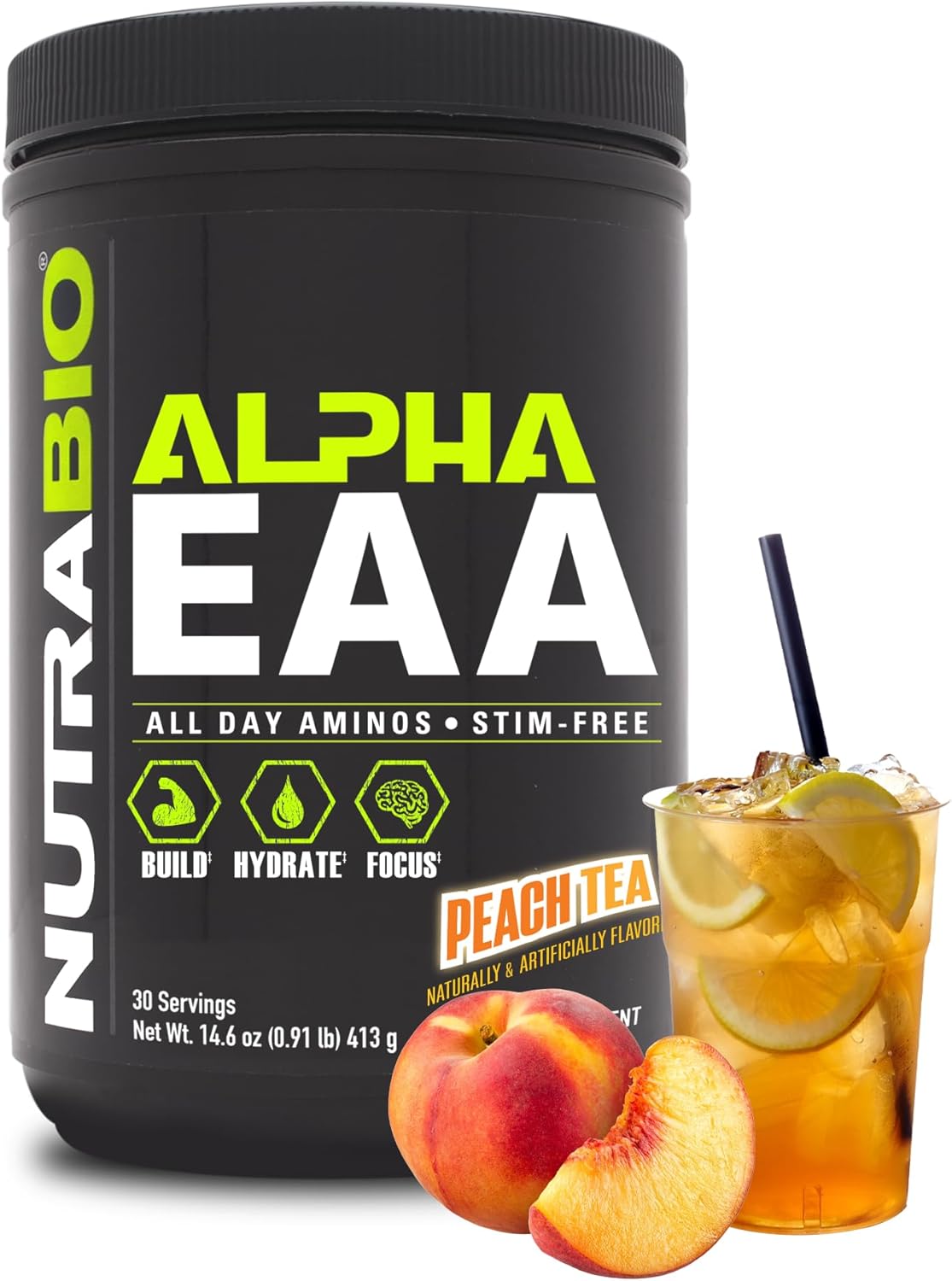 NutraBio Alpha EAA Peach Tea Supplement - Full Spectrum EAA BCAA Matrix with Electrolytes, Nootropics, Coconut Water - Recovery, Energy, Focus, and Hydration Formula