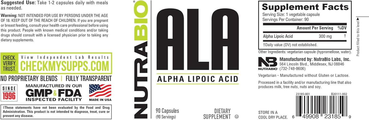 NutraBio Alpha Lipoic Acid (ALA) 300mg Supplement - Promotes Antioxidant Health, Energy Production, and Wellness - 90 Capsules