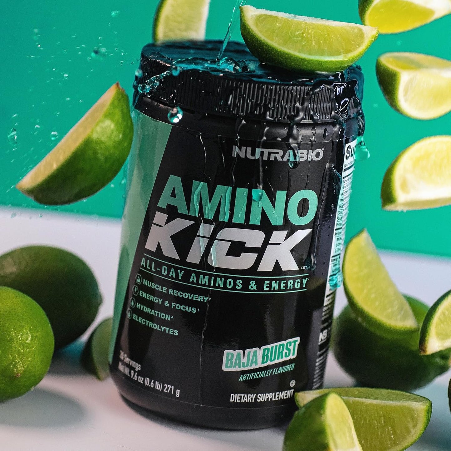 NutraBio Amino Kick BCAA Energy Drink with Electrolytes & Natural Caffeine - Baja Burst Flavor, 30 Servings