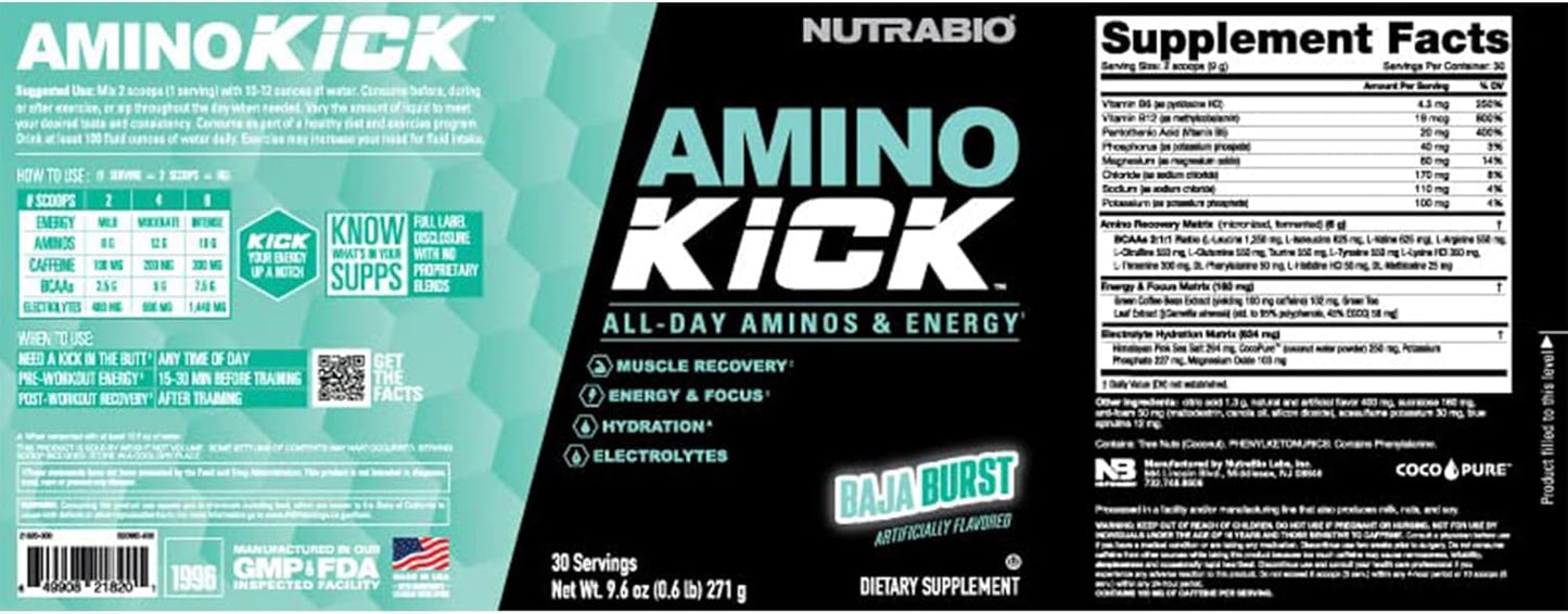 NutraBio Amino Kick BCAA Energy Drink with Electrolytes & Natural Caffeine - Baja Burst Flavor, 30 Servings