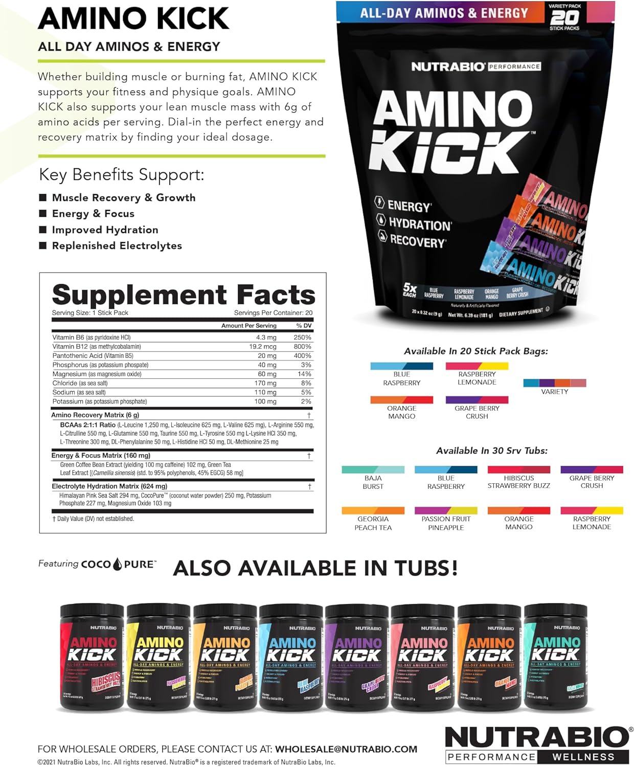 NutraBio Amino Kick BCAA Energy Drink with Electrolytes & Natural Caffeine - Baja Burst Flavor, 30 Servings