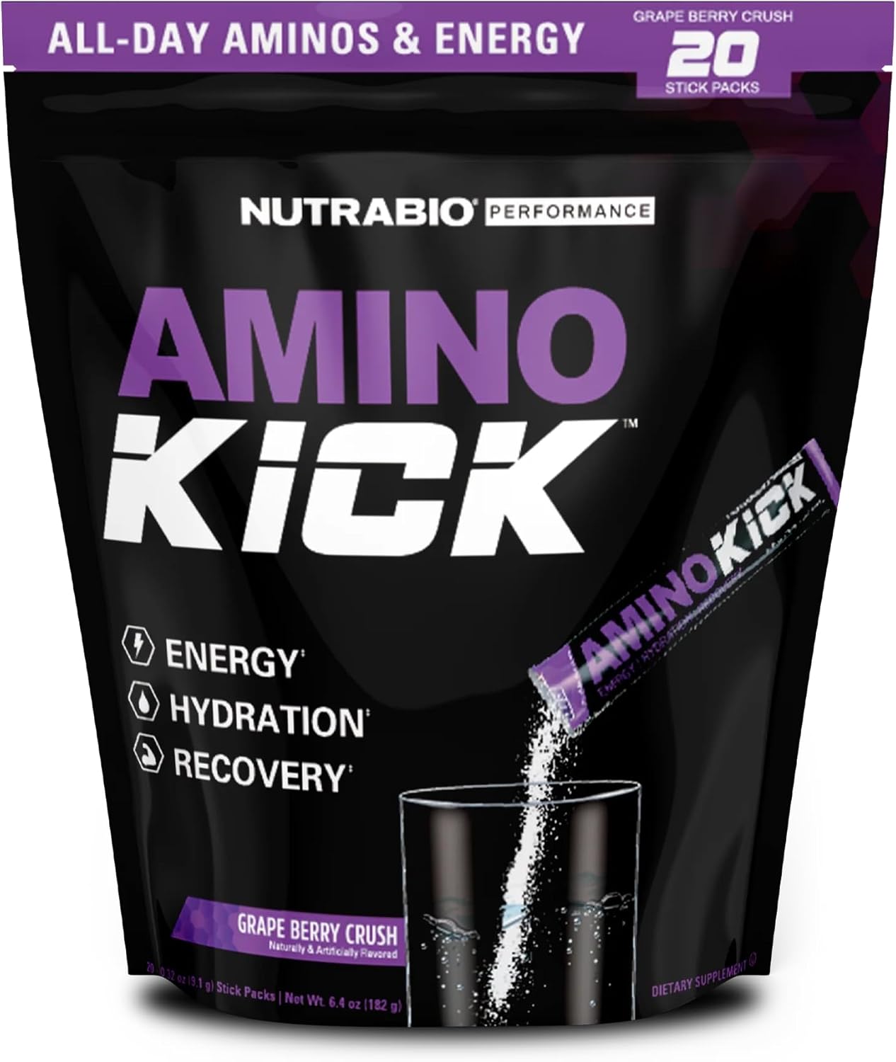 NutraBio Amino Kick Grape Berry Crush 20 Servings - All-in-One Performance Formula for Energy, Hydration, Recovery - 6g Amino Acids for Muscle Building