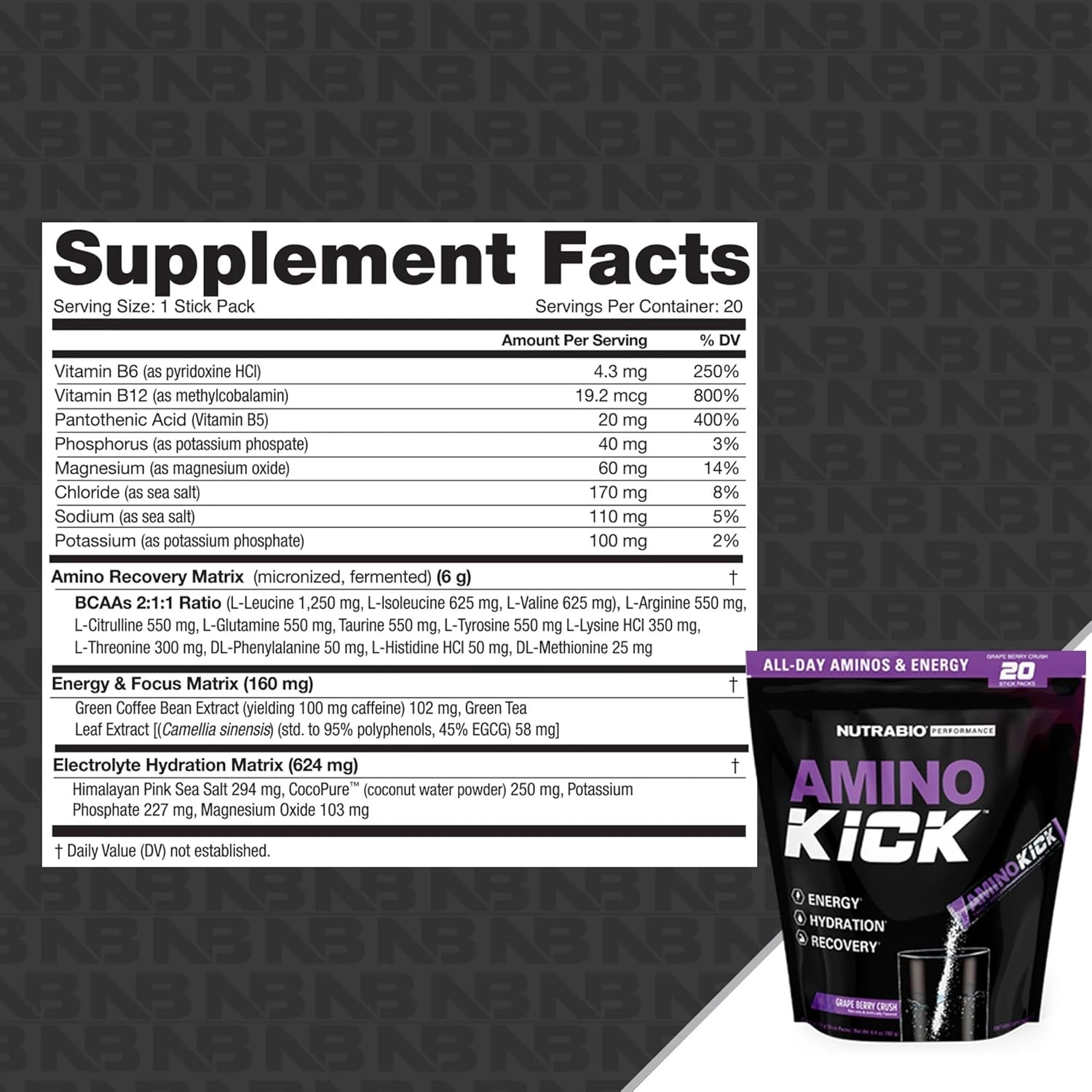 NutraBio Amino Kick Grape Berry Crush 20 Servings - All-in-One Performance Formula for Energy, Hydration, Recovery - 6g Amino Acids for Muscle Building