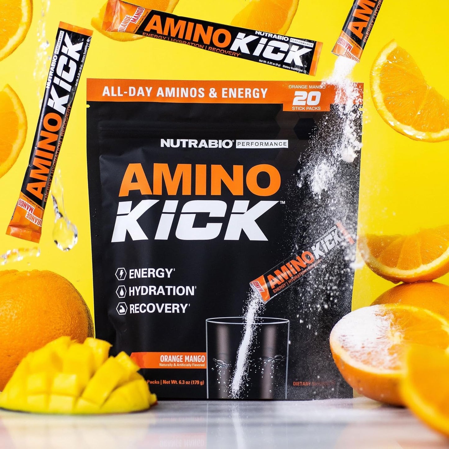 NutraBio Amino Kick Orange Mango 20 Servings - All-in-One Performance Formula for Energy, Hydration, Recovery - 6g Amino Acids - Muscle Building Support