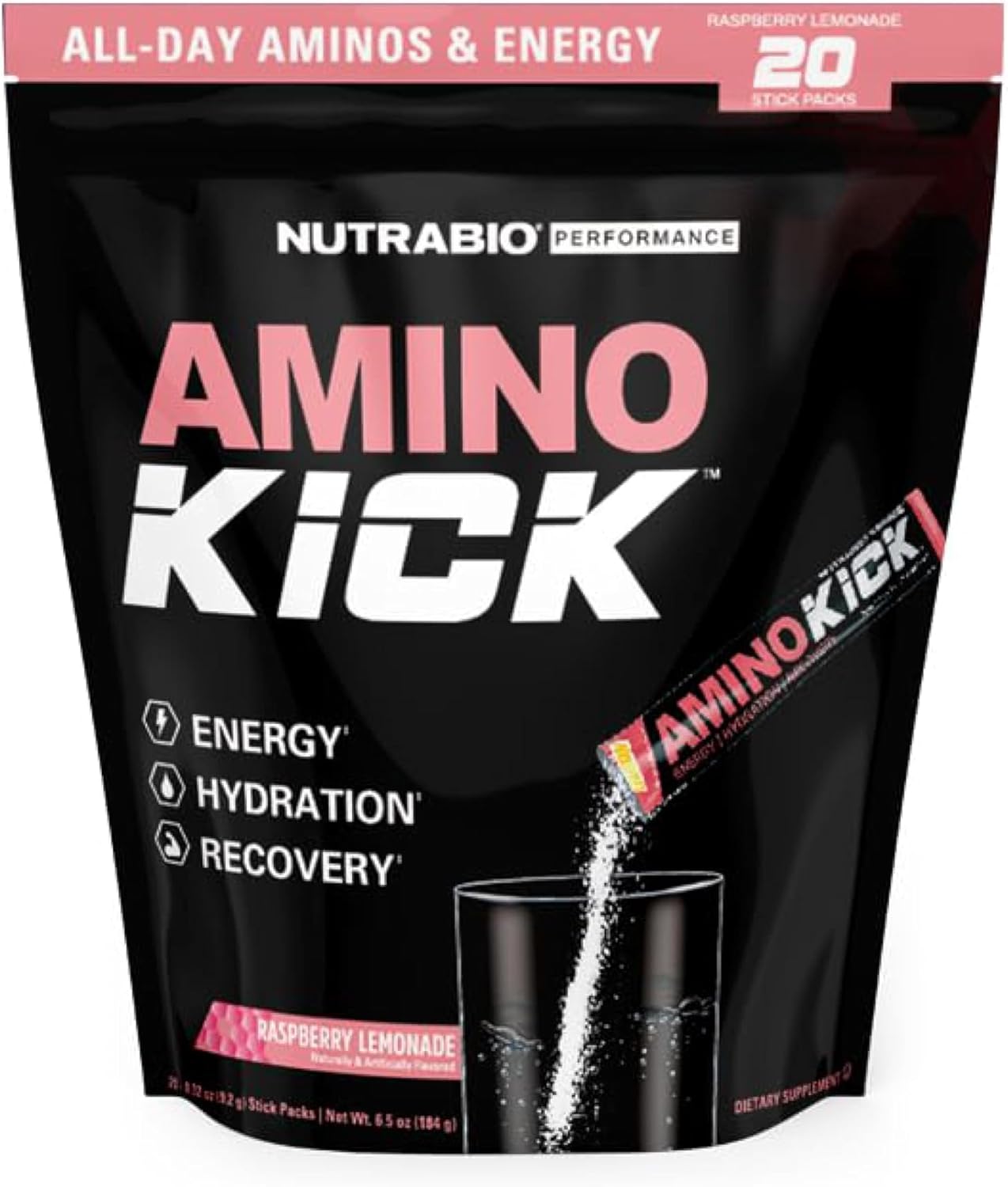 NutraBio Amino Kick Performance Formula Raspberry Lemonade 20 Servings - 6g Amino Acids for Energy, Hydration, Recovery - Muscle Building Support